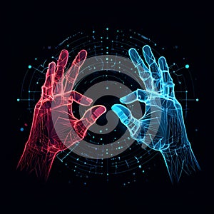 digital hands, dark blue technological copy space, font view technology concept. 3D illustration rendering