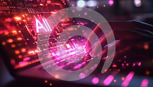 Hands Typing on a Computer with AI Interface in a Futuristic Setting