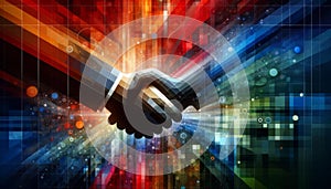 Digital Handshake in Abstract Art Style, Business Partnership Concept