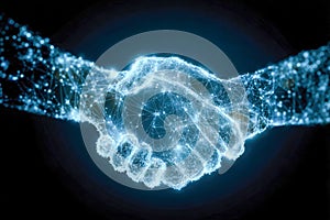Digital handshake formed by glowing interconnected particles symbolizing futuristic technology collaboration and network