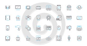 Digital hardware linear icons set. Processor, Motherboard, Graphics, Sound, Memory, Hard drive, Monitor line vector and