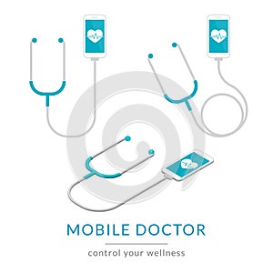 Digital health flat modern illustration of mobile medicine with smartphone and stethoscope