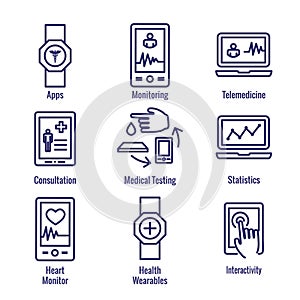 Digital Health Icon Set with Wearable Technology Web Header Banner