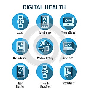 Digital Health Icon Set with Wearable Technology Web Header Banner