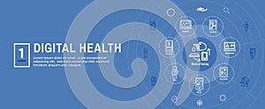 Digital Health Icon Set with Wearable Technology Web Header Banner