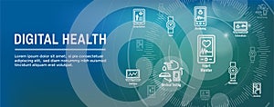 Digital Health Icon Set with Wearable Technology Web Header Banner