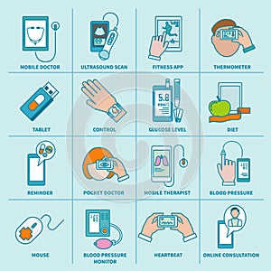 Digital health icons set flat line