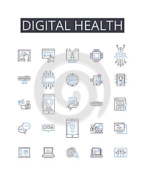 Digital health line icons collection. Nanoparticles, Synthesis, Nanorobotics, Quantum, Miniature, Hybrid, Engineering