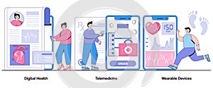 Digital Health, Telemedicine, Wearable Devices Concept with Character. Healthcare Technology Abstract Vector Illustration Set.