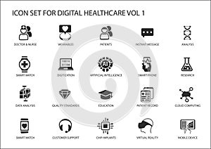 Digital healthcare and medicine icon set