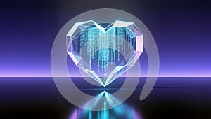 Digital heart glows with data in a futuristic setting