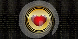 Digital heart on golden binary code background