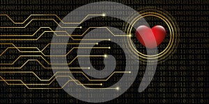 Digital heart on golden binary code background