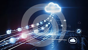 Digital highway with binary code leading to a glowing cloud in a futuristic technology background