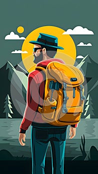 Digital Hipster hiker with yellow backpack, epitomizing adventurous travel spirit