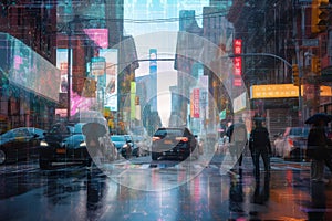 digital holographic backdrop of busy city street, with taxis and people in the background