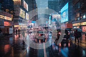 digital holographic backdrop of busy city street, with taxis and people in the background