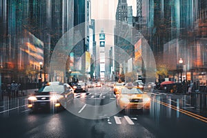 digital holographic backdrop of busy city street, with taxis and people in the background