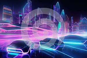 digital holographic background with futuristic cityscape, featuring towering skyscrapers and flying automobiles