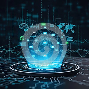Digital holographic interface with interconnected nodes and data visualizations on a futuristic circular platform