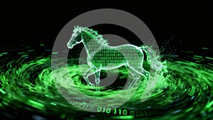 A digital horse composed of binary code emerges from a swirling green vortex symbolizing the intersection of technology and nature