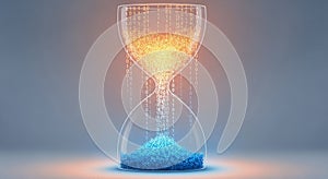 Digital hourglass with binary code flowing from top to bottom