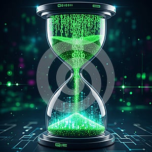 Digital hourglass with binary code symbolizing technology and time