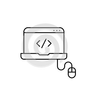 Digital HTML workspace. Coding, web development. Laptop with computer mouse. Pixel perfect, editable stroke
