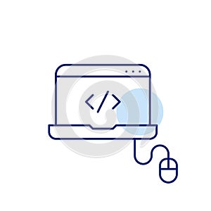 Digital HTML workspace. Coding, web development. Laptop with computer mouse. Pixel perfect vector icon