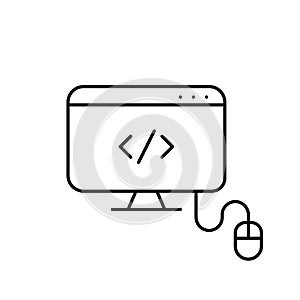 Digital HTML workspace. Coding, web development. Monitor with computer mouse. Pixel perfect, editable stroke