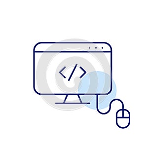 Digital HTML workspace. Coding, web development. Monitor with computer mouse. Pixel perfect vector icon