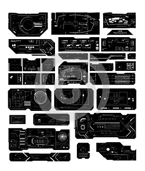 Digital hud interfaces black ink vector set. Dashboards ui geometrical frames futuristic sci fi elements, virtual tech photo