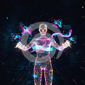 Digital Human Avatar of Light Interacting with Holographic Data Interface in Metaverse.