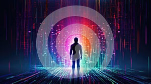 digital human bot on colorful binary code background AI generated