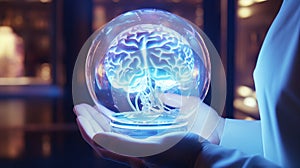 Digital human brain glass globe ai generated biotechnology close-up image