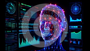 Digital human face with glowing network and data screens artificial intelligence