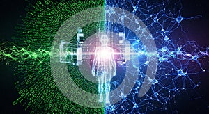 Digital human figure stands between binary code and a neural network illustration