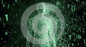 Digital Human Form Dissolving into Binary Code