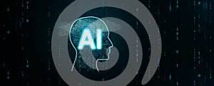 Digital human head with glowing AI letters and circuit brain background, symbolizing artificial intelligence, deep learning, and