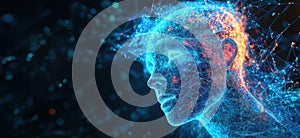 Digital human head with glowing neural network connections and abstract background, copy space for text