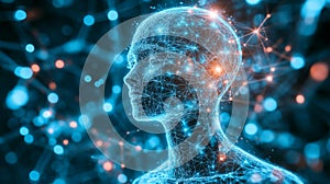 Digital Human Head, Lines, Connected Dots, and Triangles on Blue Technology Background