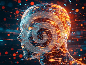 Digital human head made of glowing circuits.