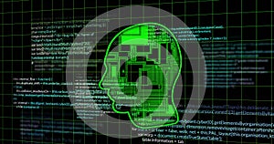 Digital human head silhouette with programming code representing artificial intelligence concept