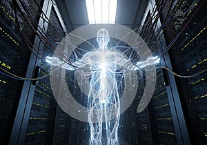 Digital Human in Server Room - Data, Artificial Intelligence, Cybersecurity Concept