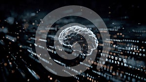 Digital A. I. Brain in cloud of binary data. A computer generated animation of a digital brain surrounded by binary information