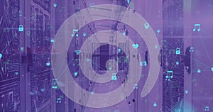 Digital icons and network connections image over data center servers