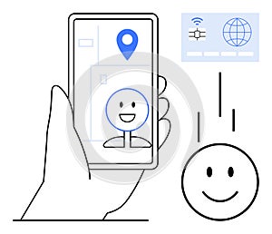 Digital Identity and Geolocation Concept with Smartphone and Smiling Face Icon