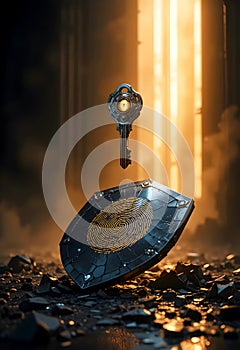 Digital Identity Protection Concept With Biometric Fingerprint Shield And Secure Access Key Visualization