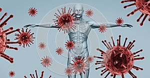 Digital illustration of a 3D human body model over macro Coronavirus Covid-19 cells floating