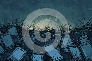 Digital Illustration of Abandoned Smartphones in Grass - Commentary on Technology and Nature